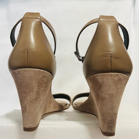 Tory Burch-3" Wedge Heels-Light Taupe/Tan-Size 9-Strap Ankle-Leather/Suede Mix - Picture 5 of 16